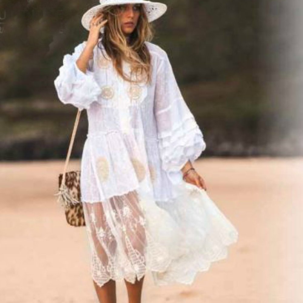Amazing white cotton lace embroidered boho dress